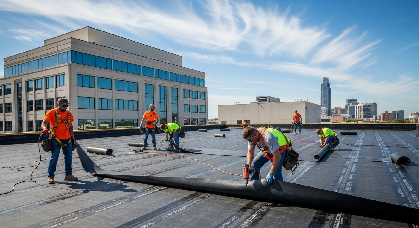 Omaha NE EPDM commercial roof installation EPDM rubber roofing installation crew working on a flat commercial roof in Omaha NE with the city skyline visible