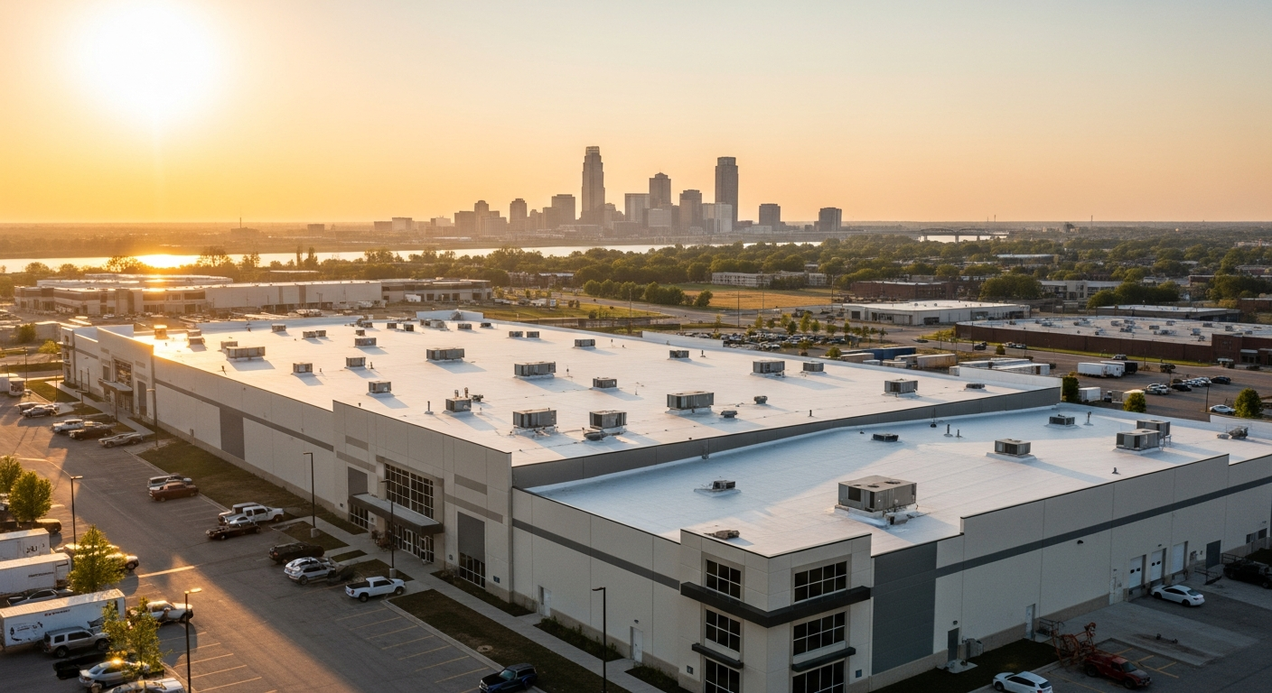 Commercial Roof Replacement Omaha NE — Hero Aerial view of a newly installed white TPO commercial roof replacement in Omaha, Nebraska with the downtown skyline behind