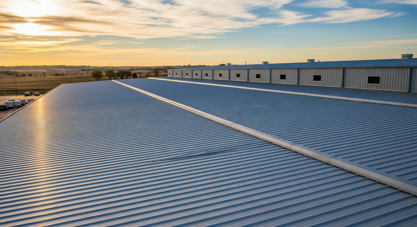 Omaha NE commercial standing-seam metal roof installation Standing-seam metal roof installation on an Omaha NE commercial building viewed at golden hour