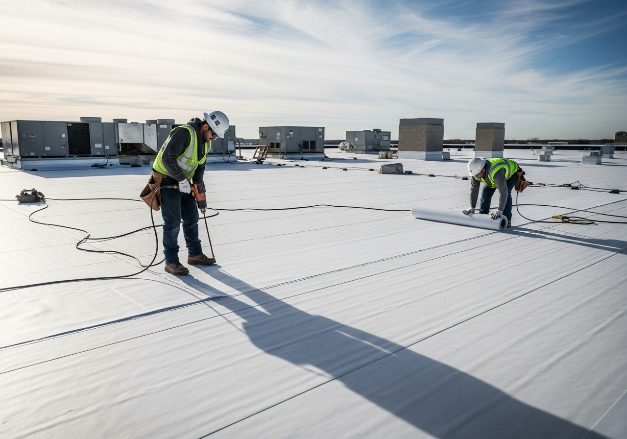 Omaha commercial roofing crew installing white TPO flat roof Two Omaha NE commercial roofers in hard hats and safety vests installing a white TPO membrane on a flat commercial rooftop