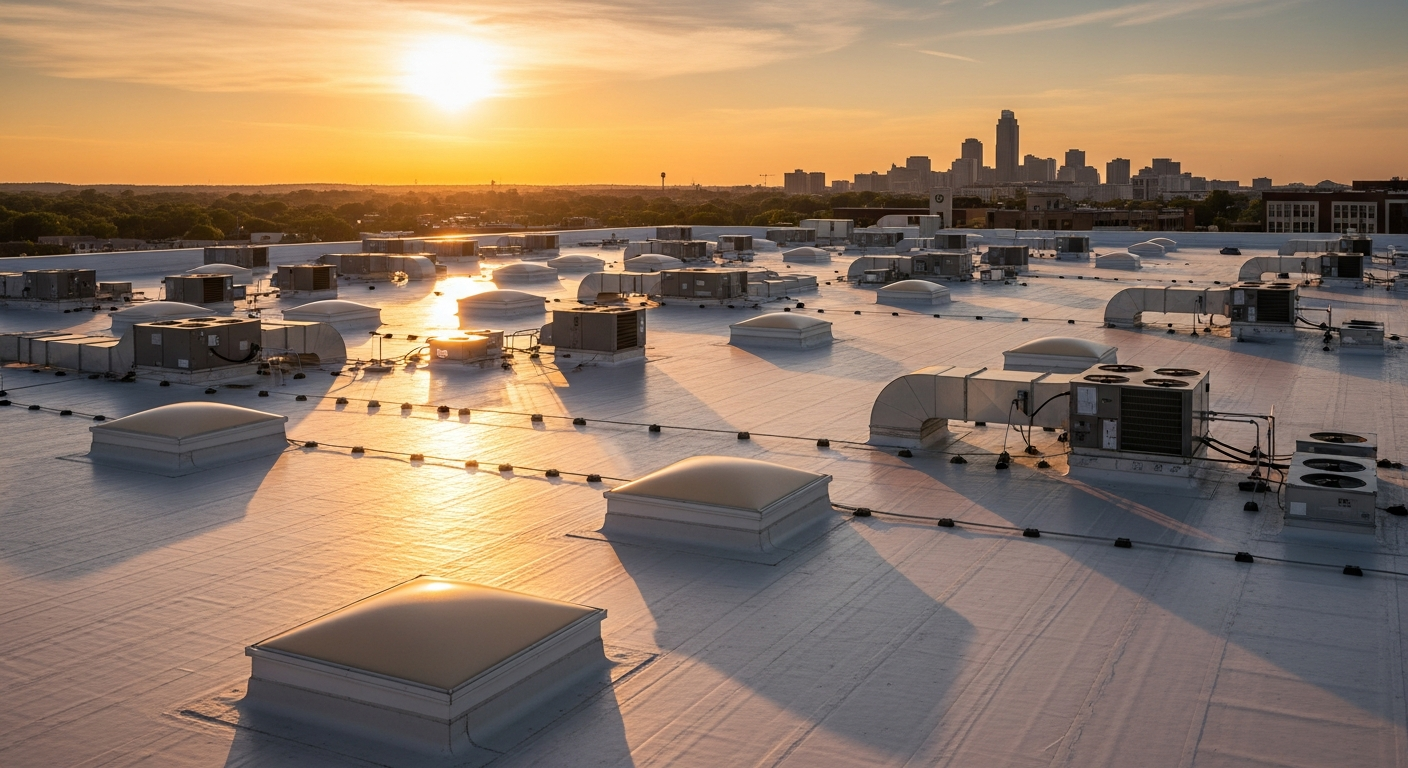 Omaha commercial roof replacement crew at sunset Omaha NE commercial roofing crew completing a TPO re-roof on a flat warehouse rooftop at golden hour